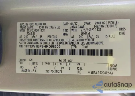 2017 Ford F-150 Lariat из США, поврежденный, VIN 1FTEW1EP9HKD58309